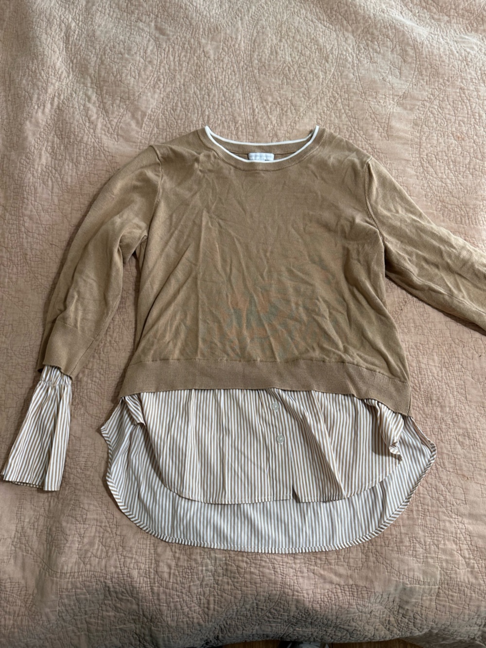 New York & Company Tan Sweater with layered White button up